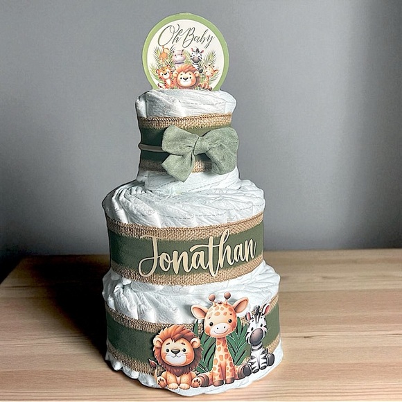Other - 🦁 Personalized Safari Diaper Cake - 3 Tier | Baby Shower Centerpiece 🎁
